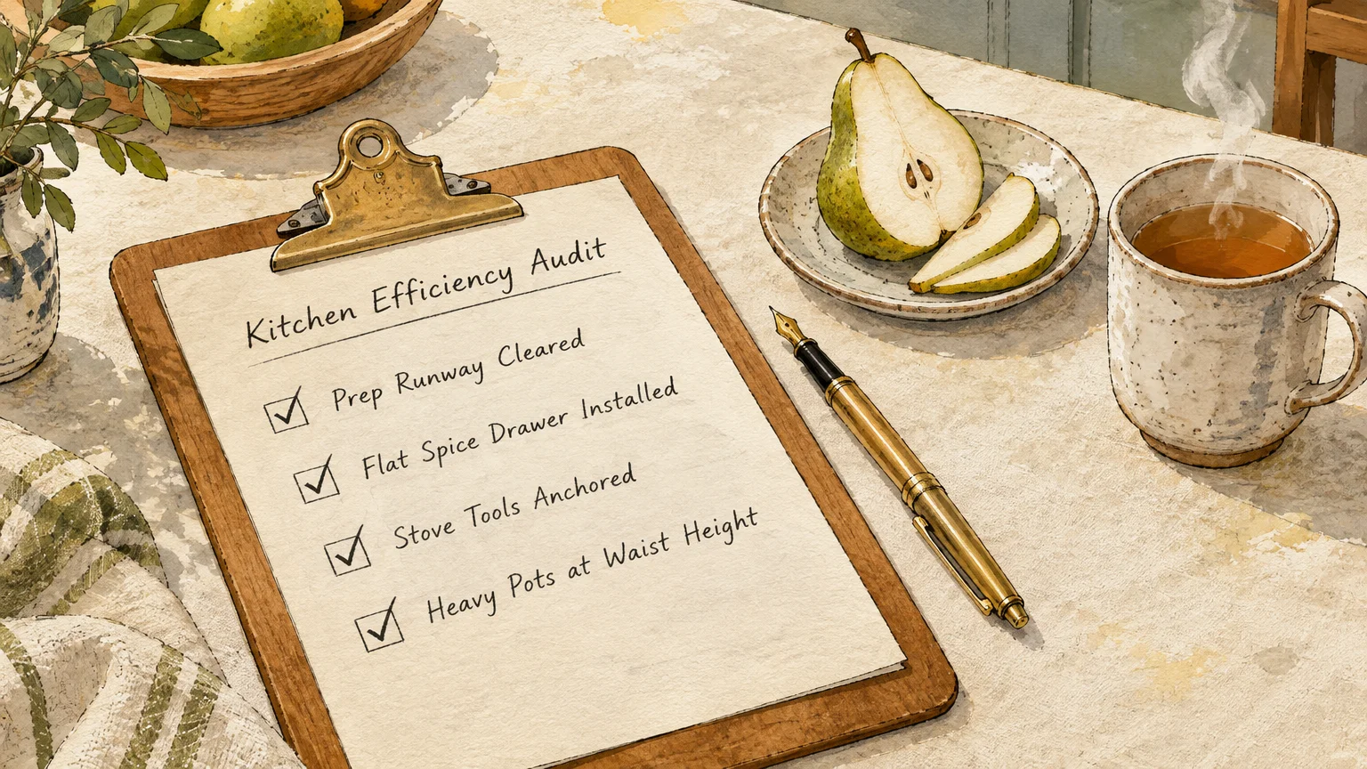 Illustration of a wooden clipboard with a checked efficiency audit list, next to a fountain pen, sliced pear, and warm tea.