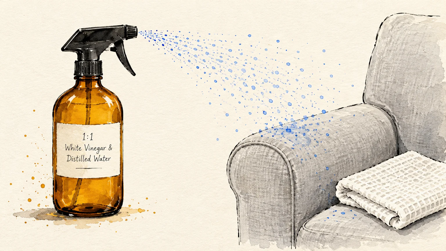 Watercolor illustration of an amber spray bottle misting liquid onto an armchair next to a folded towel.