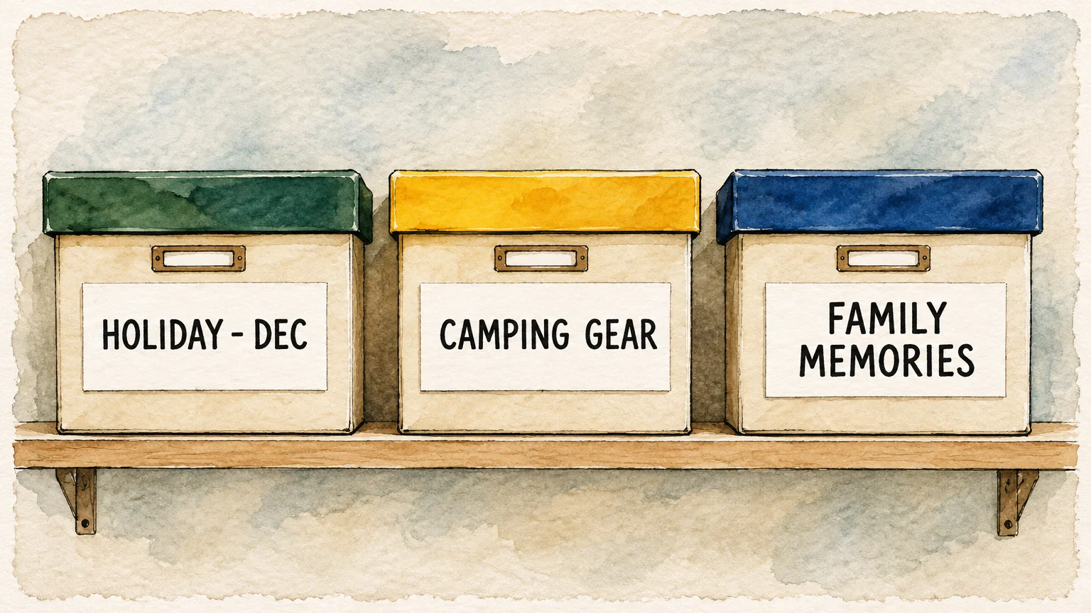 Watercolor illustration of three storage boxes on a shelf with green, yellow, and blue lids and large text labels.