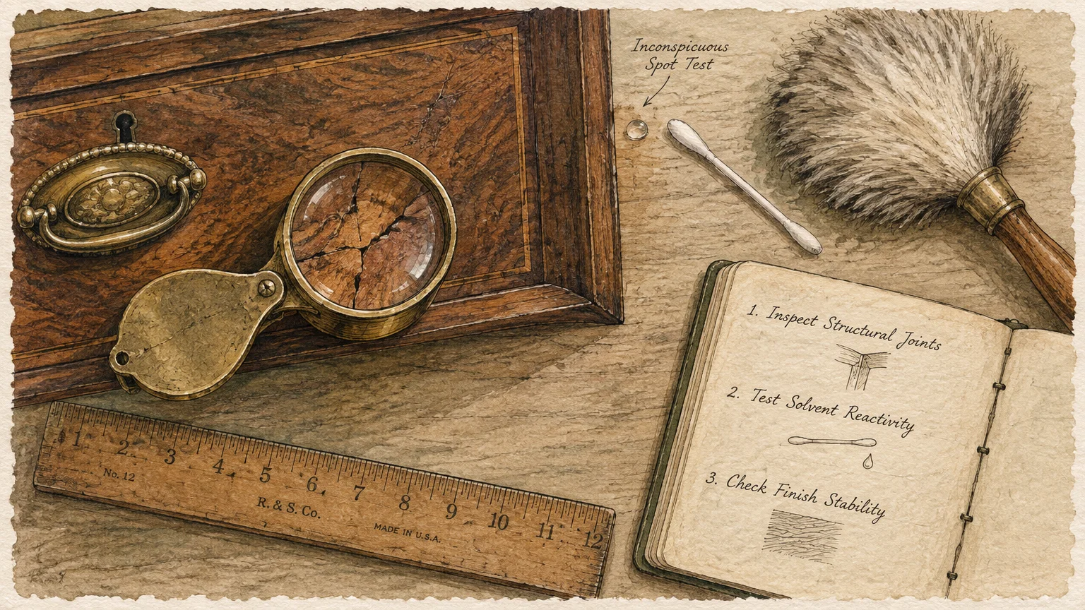 Illustration of antique drawer wood examined with a magnifying loupe, alongside a notebook checklist, ruler, and brush.