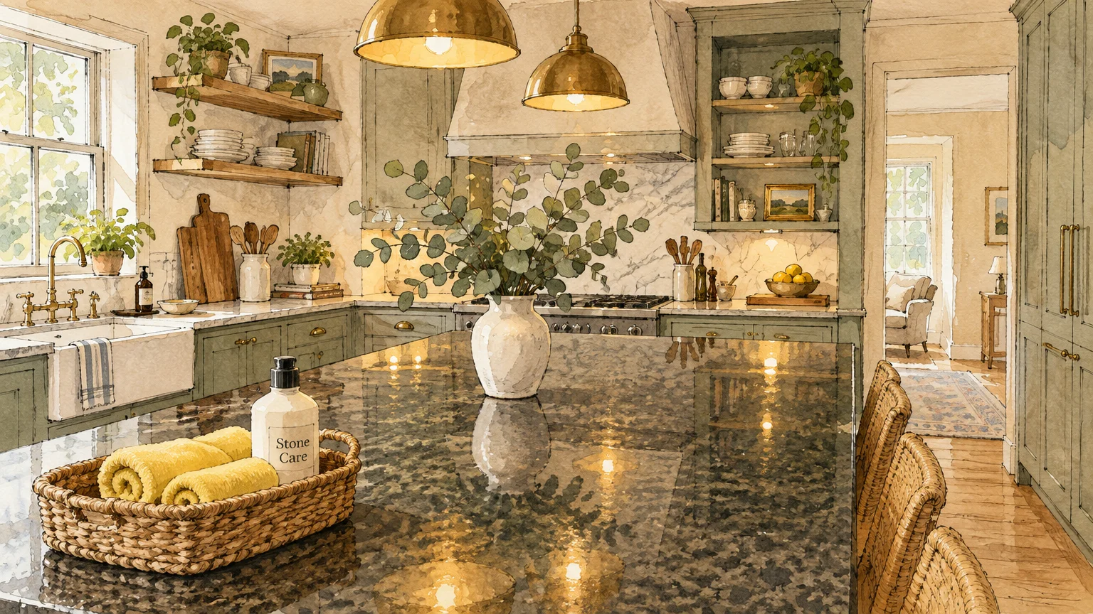 Watercolor illustration of a kitchen with a glossy dark granite island holding a cleaning bottle and rolled towels in a basket.