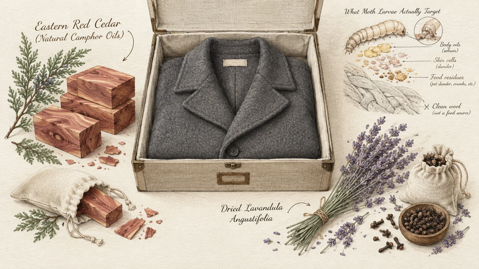 Folded wool coat packed in a storage box beside cedar blocks, dried lavender sprigs, and an illustration of moth larvae.
