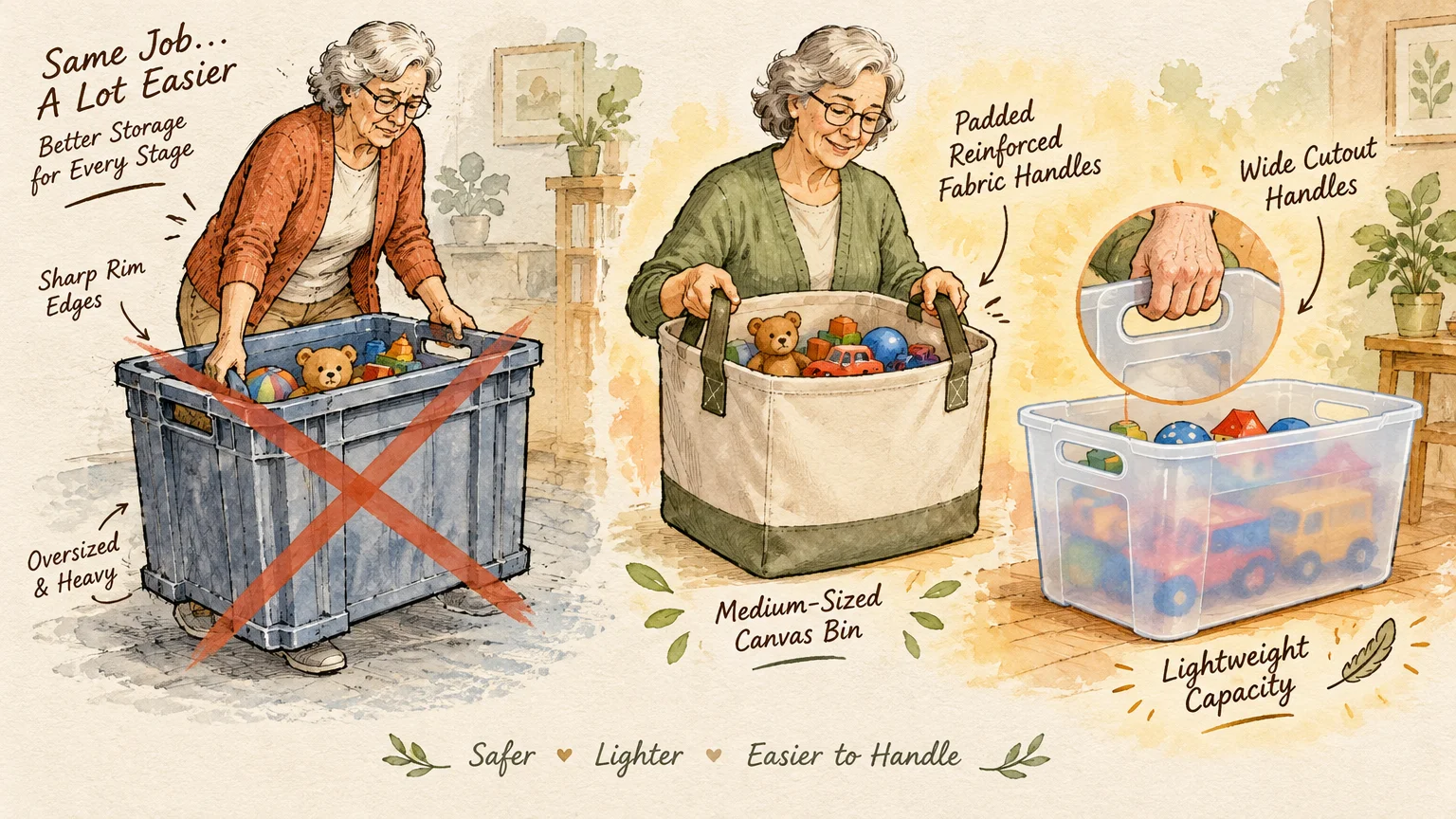 Comparison of an older woman struggling with a heavy crate versus easily lifting lighter toy bins with ergonomic handles.