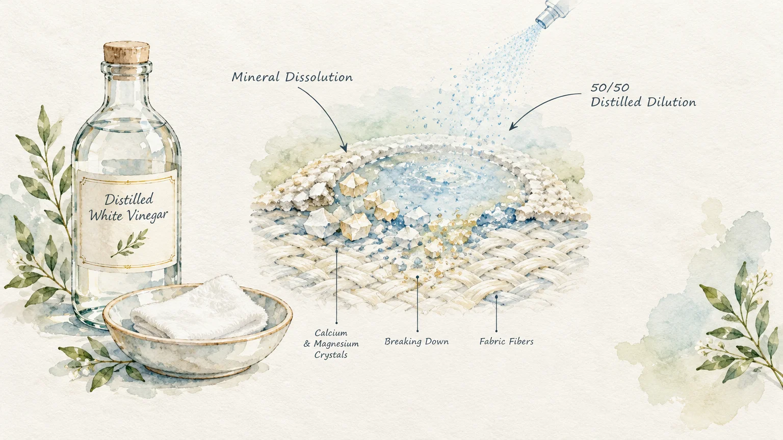 Watercolor illustration showing a bottle of white vinegar, a cloth in a bowl, and spray dissolving mineral crystals on woven fabric.