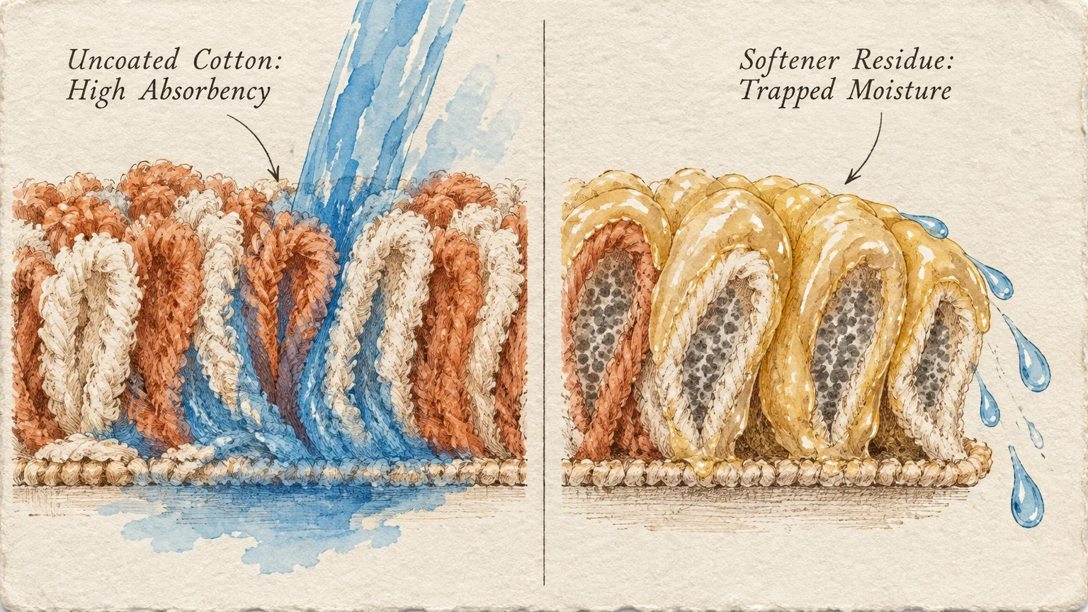 Split illustration comparing uncoated cotton absorbing blue water with softener-coated loops repelling water droplets.