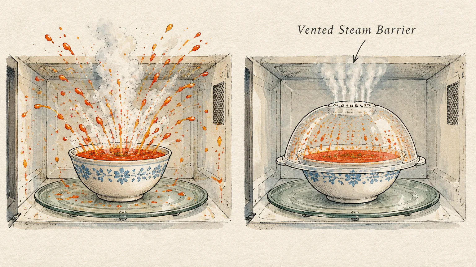 Split illustration showing an uncovered soup bowl exploding in a microwave versus covered by a clear vented dome lid.