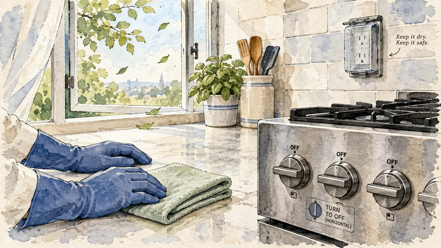 Watercolor of gloved hands wiping a counter beside a stove with knobs turned off next to an open window.