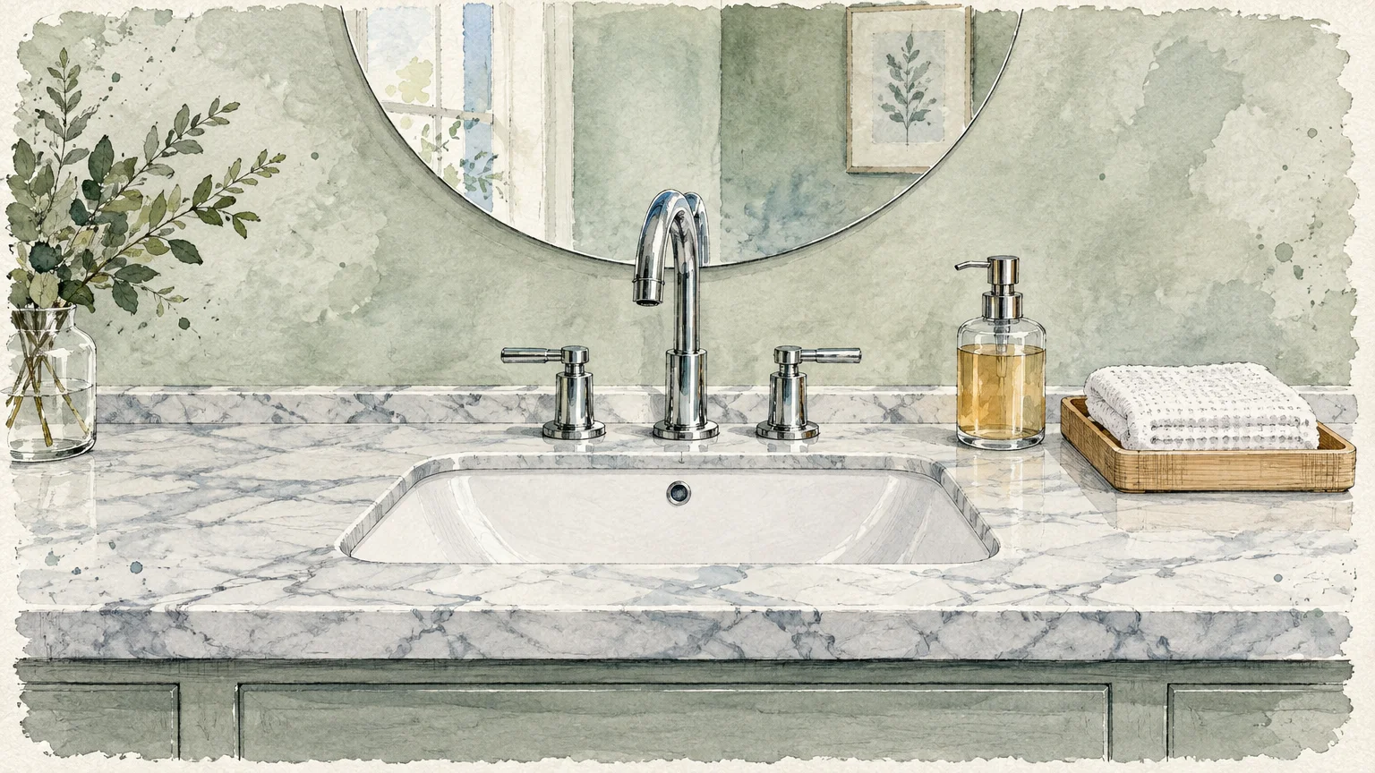 Watercolor illustration of a clean marble bathroom vanity with chrome faucet, soap dispenser, towel, and round mirror.