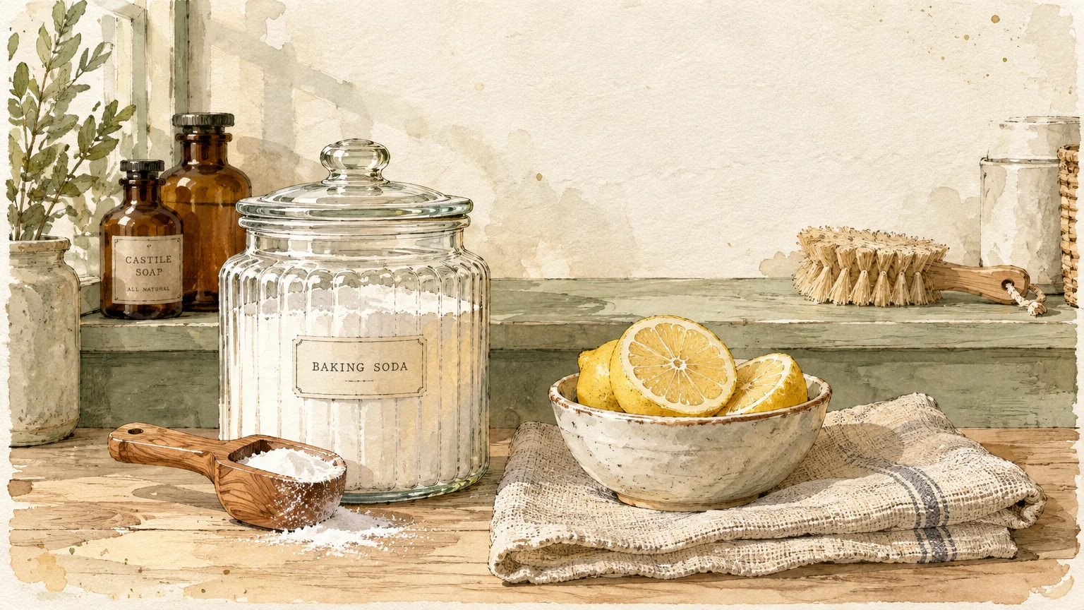 Watercolor illustration of a glass jar of baking soda, wooden scoop, bowl of sliced lemons, and amber bottles.