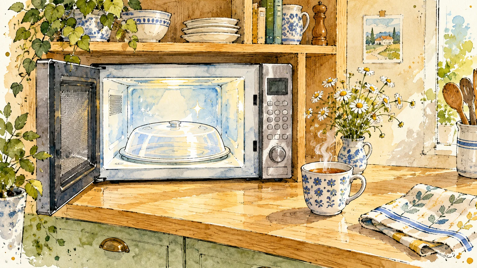 Watercolor illustration of a clean open microwave with a food cover inside, beside a steaming mug and cloth on a counter.