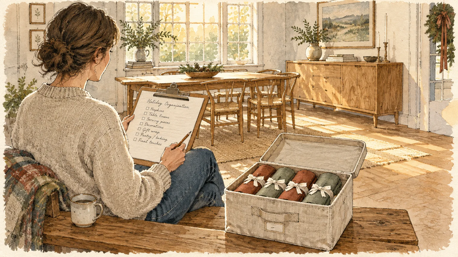 Illustration of a woman sitting with a holiday organization checklist beside a box of rolled linens in a dining room.