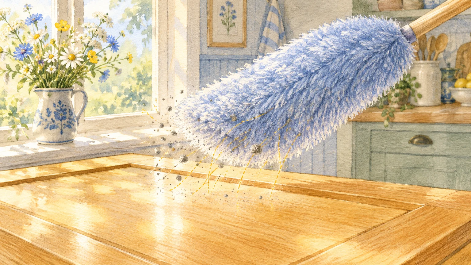 Watercolor illustration of a fluffy blue duster sweeping over a polished wood cabinet door in a sunlit kitchen.