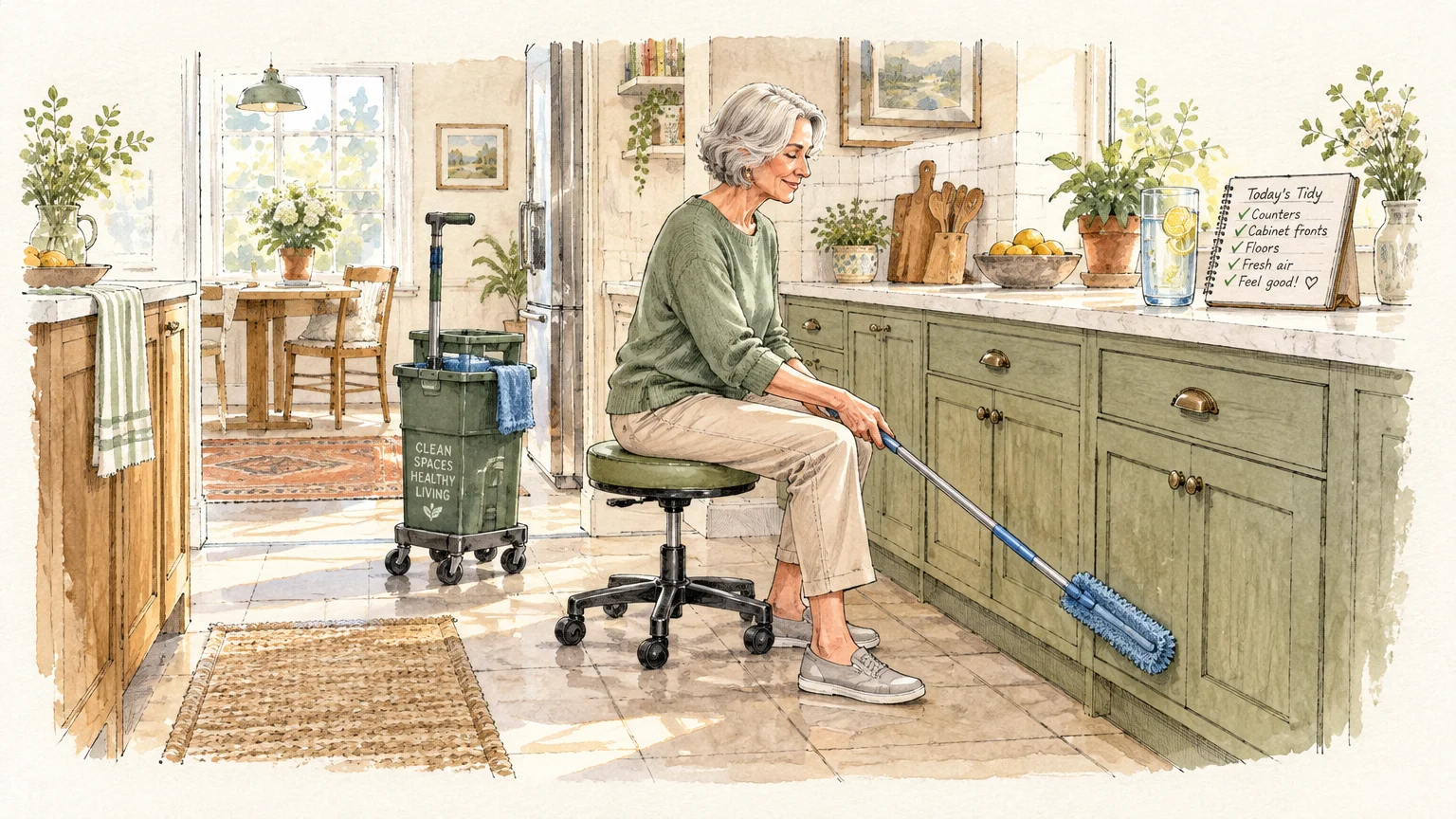 Watercolor illustration of a senior woman on a rolling stool using an extended duster on low kitchen cabinets.