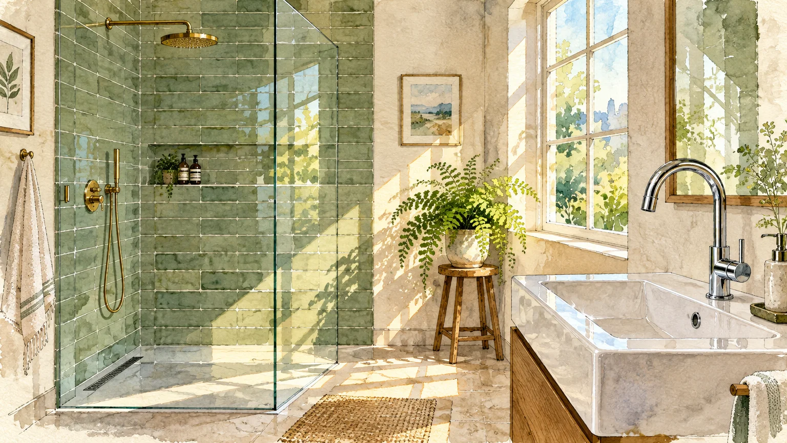 Watercolor illustration of a sunlit bathroom with a glass shower enclosure, green tiles, potted fern, and white sink basin.