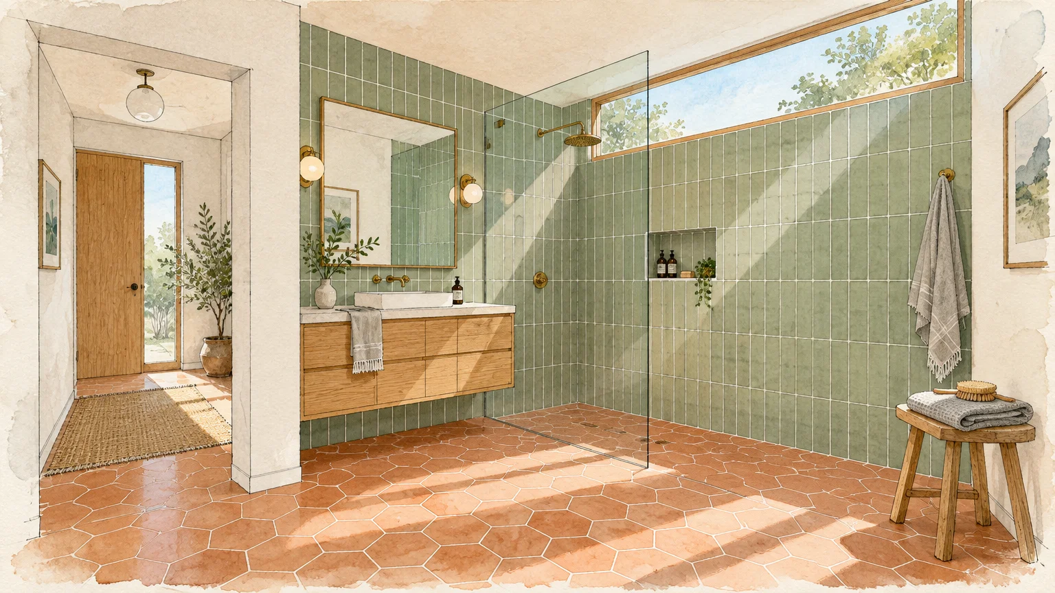 Watercolor sketch of a sunlit bathroom with sage green wall tiles, terracotta floor tiles, and a walk-in shower.