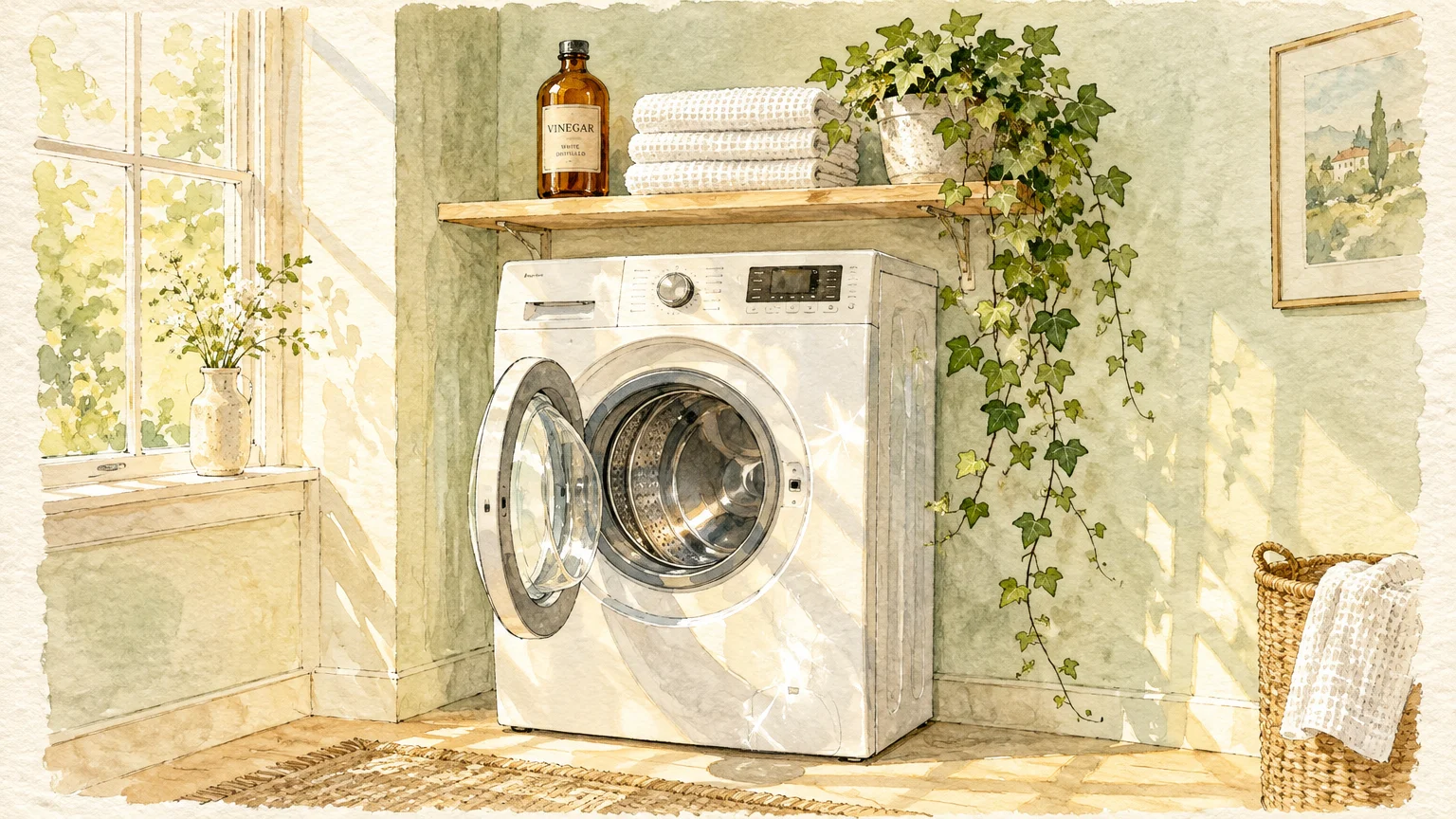 Watercolor illustration of a sunlit laundry room featuring a front-loading washing machine with its door open.