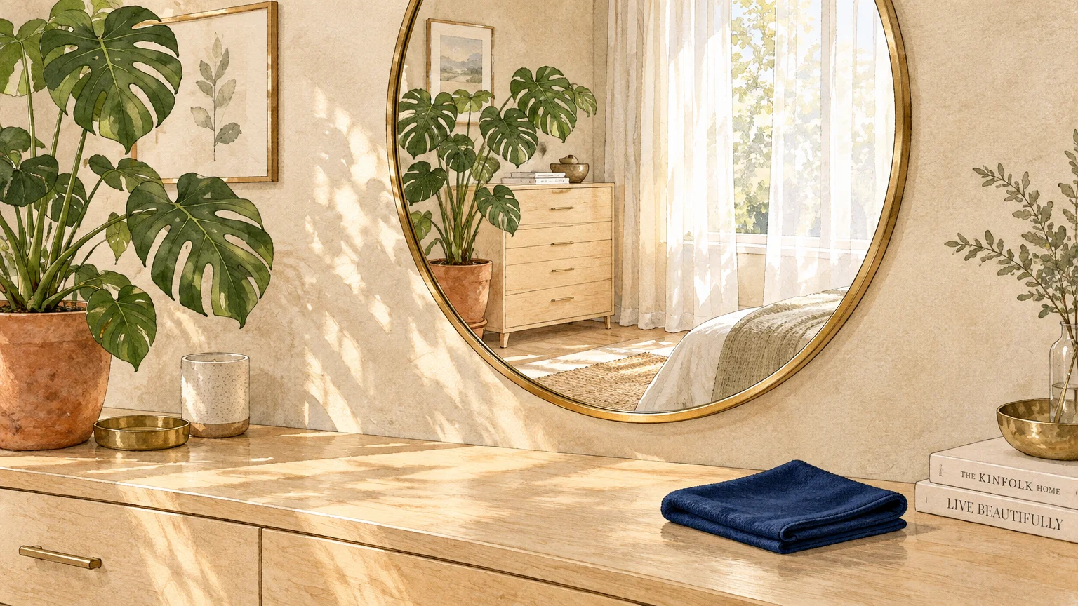 Round gold mirror reflecting a bright bedroom, set on a wooden dresser beside a potted monstera and folded blue cloth.