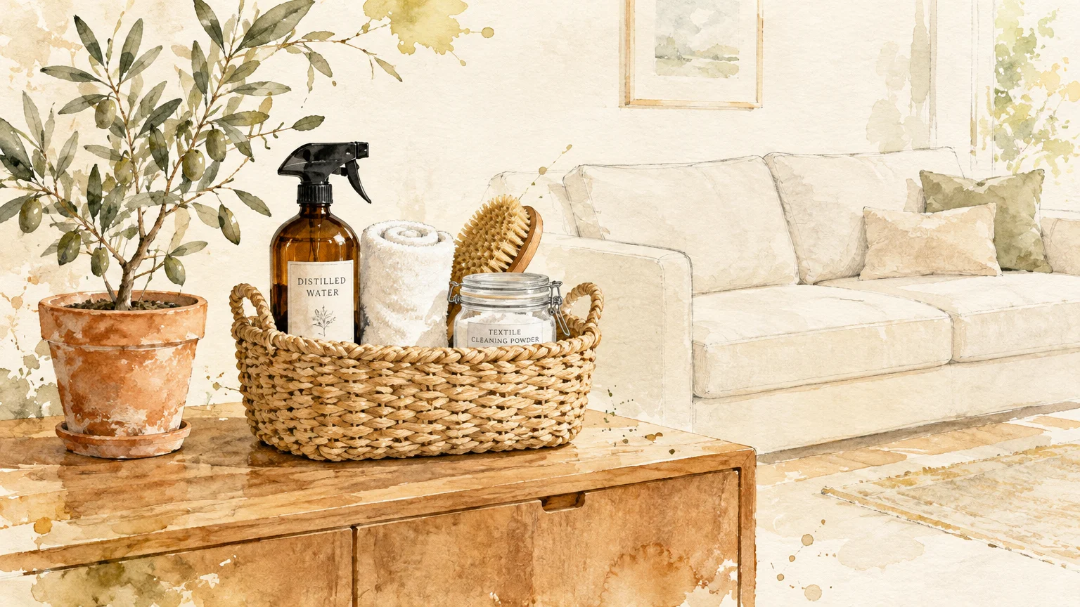 Watercolor of a woven basket with distilled water spray, cloths, and powder beside a potted plant and couch.
