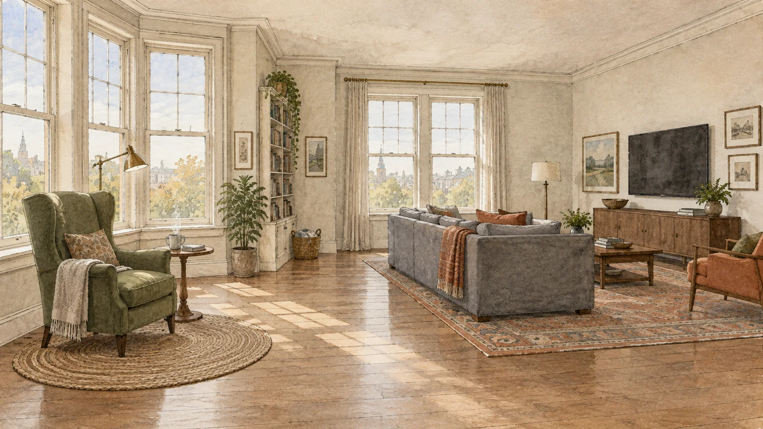 Illustration of an open living room with a green armchair reading nook beside bay windows and a sofa facing a television.
