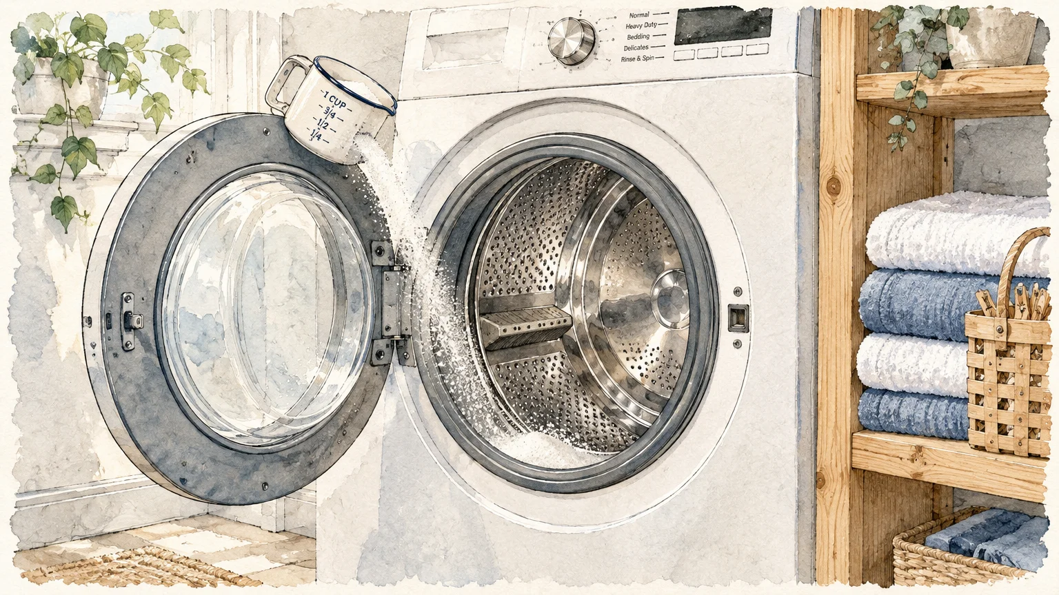 Watercolor illustration of white powder pouring from a measuring cup into an open front-loading washing machine drum.
