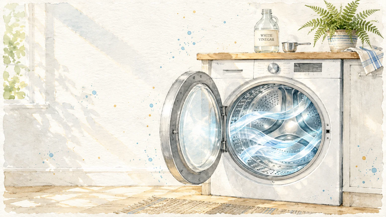 Watercolor illustration of an open front-loading washing machine beside a bottle of white vinegar and a potted fern.