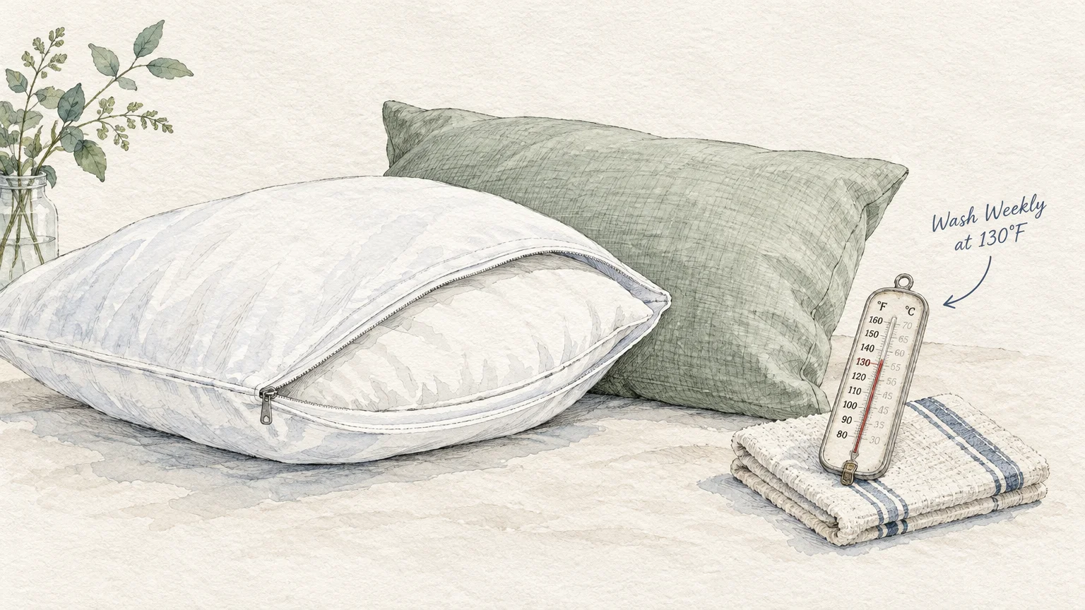 Watercolor of a pillow inside a zippered protector, green pillow, folded towel, and thermometer pointing to 130 degrees.