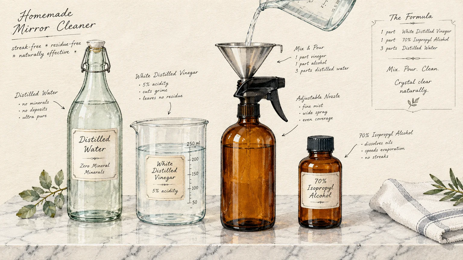 Illustration of distilled water, white vinegar, and rubbing alcohol bottles with a funnel filling an amber spray bottle.