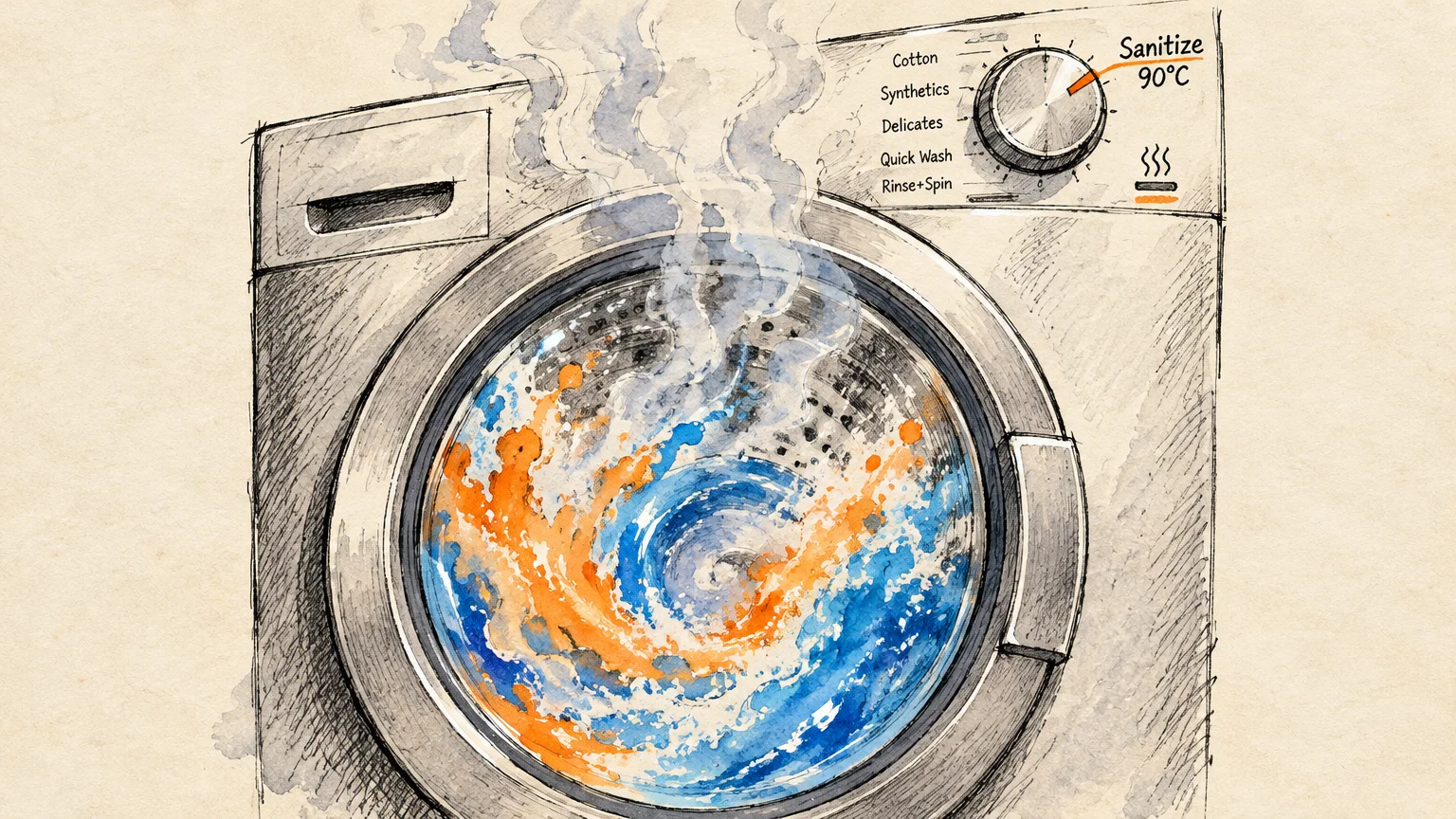Watercolor sketch of a washing machine with a dial set to Sanitize 90°C and swirling hot water releasing steam.