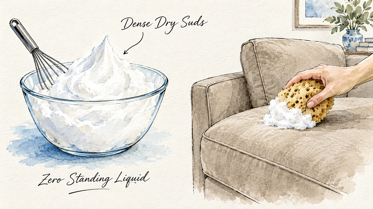 Watercolor illustration of whipped foam in a glass bowl beside a hand applying suds to an armchair cushion with a sponge.