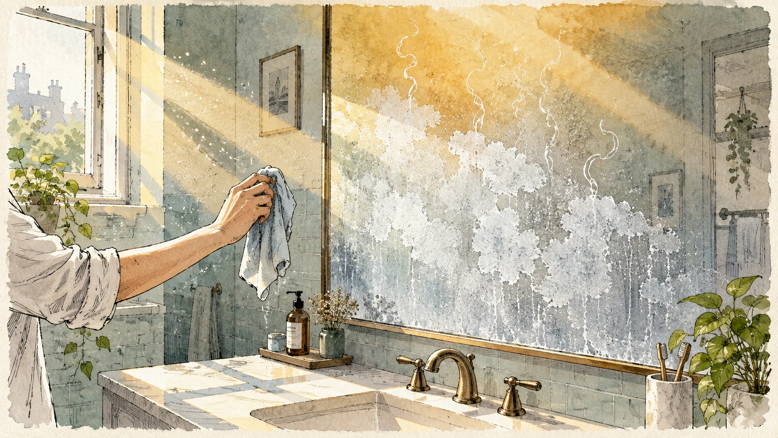 Illustration of a hand wiping a bathroom mirror in bright sunlight as cleaner evaporates into cloudy white streaks.