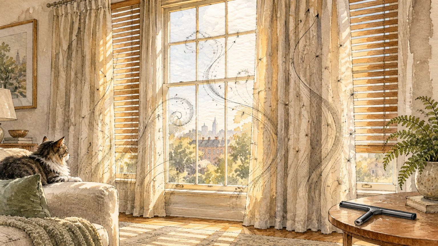 Watercolor illustration of a sunlit window with curtains, blinds, a cat on a couch, and swirling airflow lines.