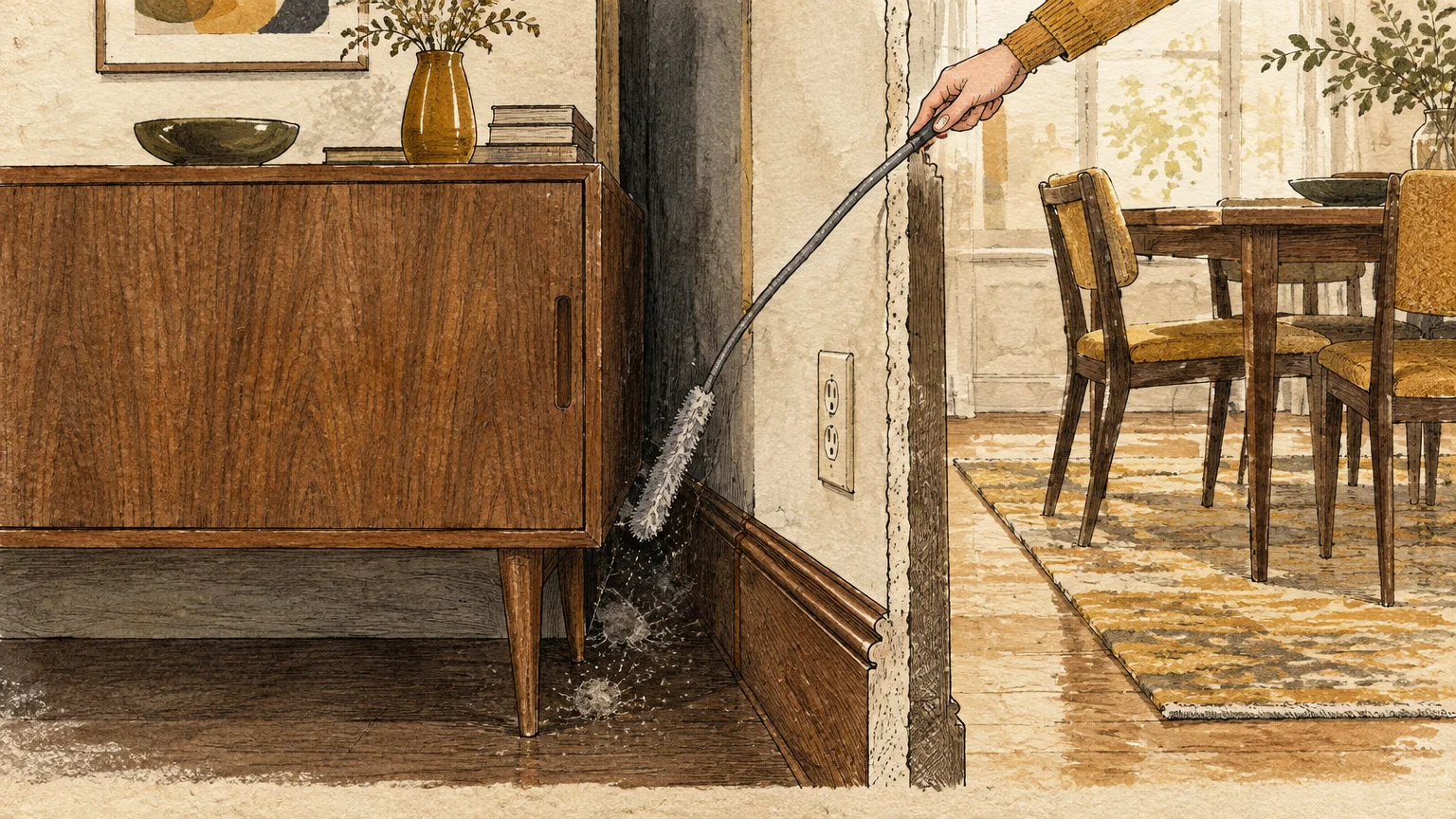 Illustration of a hand using a long, flexible duster wand to clean dust along baseboards behind a wooden credenza.