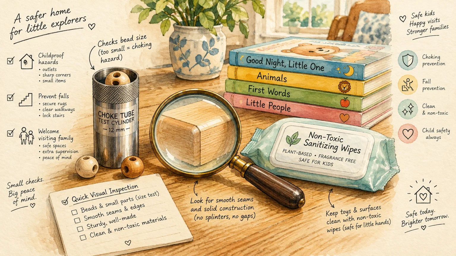Illustration of toy safety items including a choke test cylinder, magnifying glass over a block, books, and sanitizing wipes.