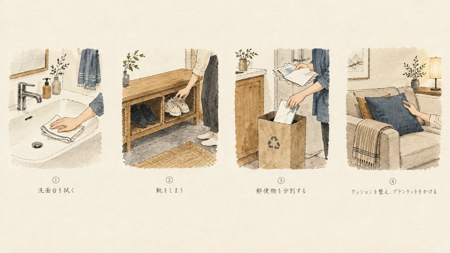 Four watercolor panels showing domestic tasks: wiping a sink, storing shoes, recycling mail, and arranging sofa pillows.