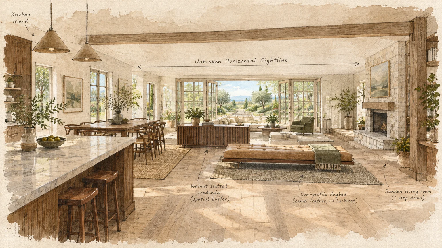 Architectural sketch of an open floor plan with a kitchen island, low-profile leather daybed, slatted credenza, and fireplace.