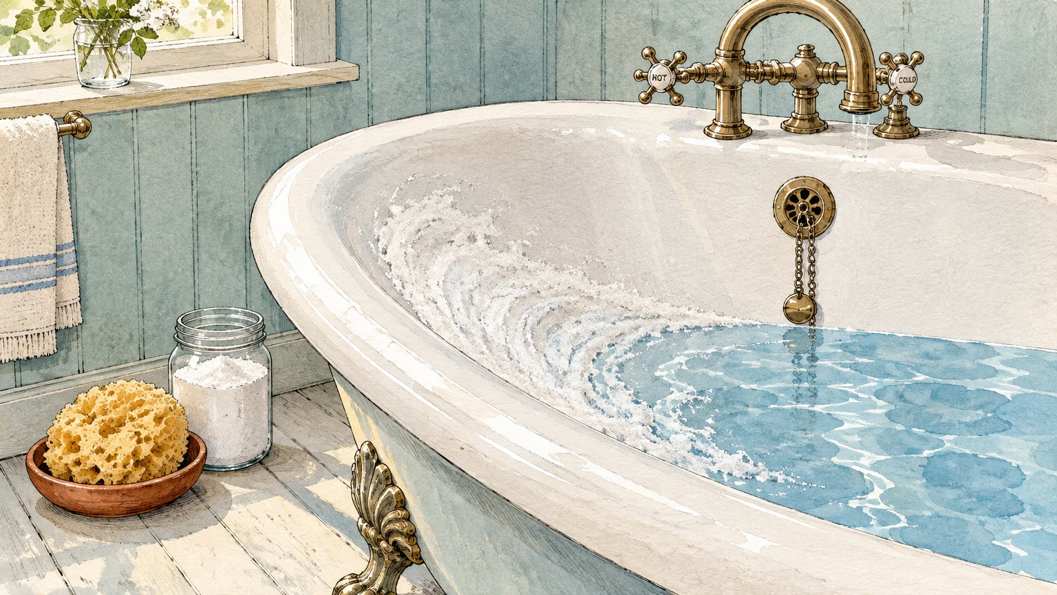 Watercolor illustration of a clawfoot bathtub with bubbly water beside a sponge and jar of powder on floorboards.