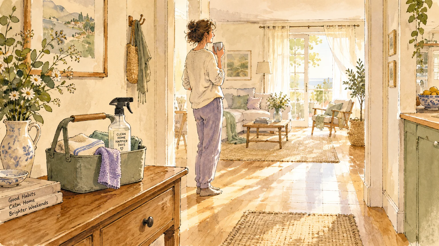Watercolor illustration of a woman drinking coffee in a sunlit living room with cleaning supplies on a table.