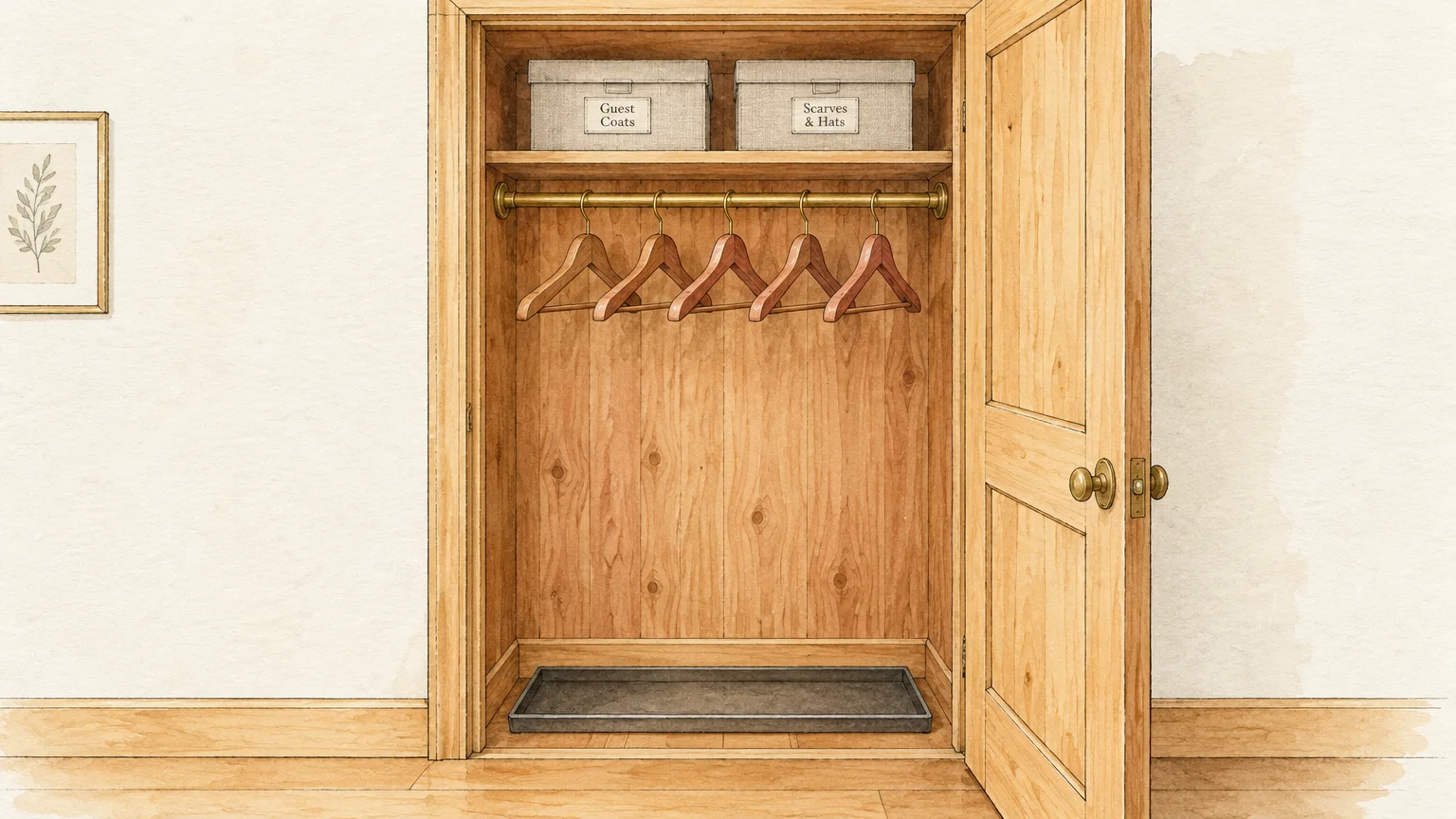 Open wooden closet with five wooden hangers on a brass rod, storage boxes on a top shelf, and a tray on the floor.
