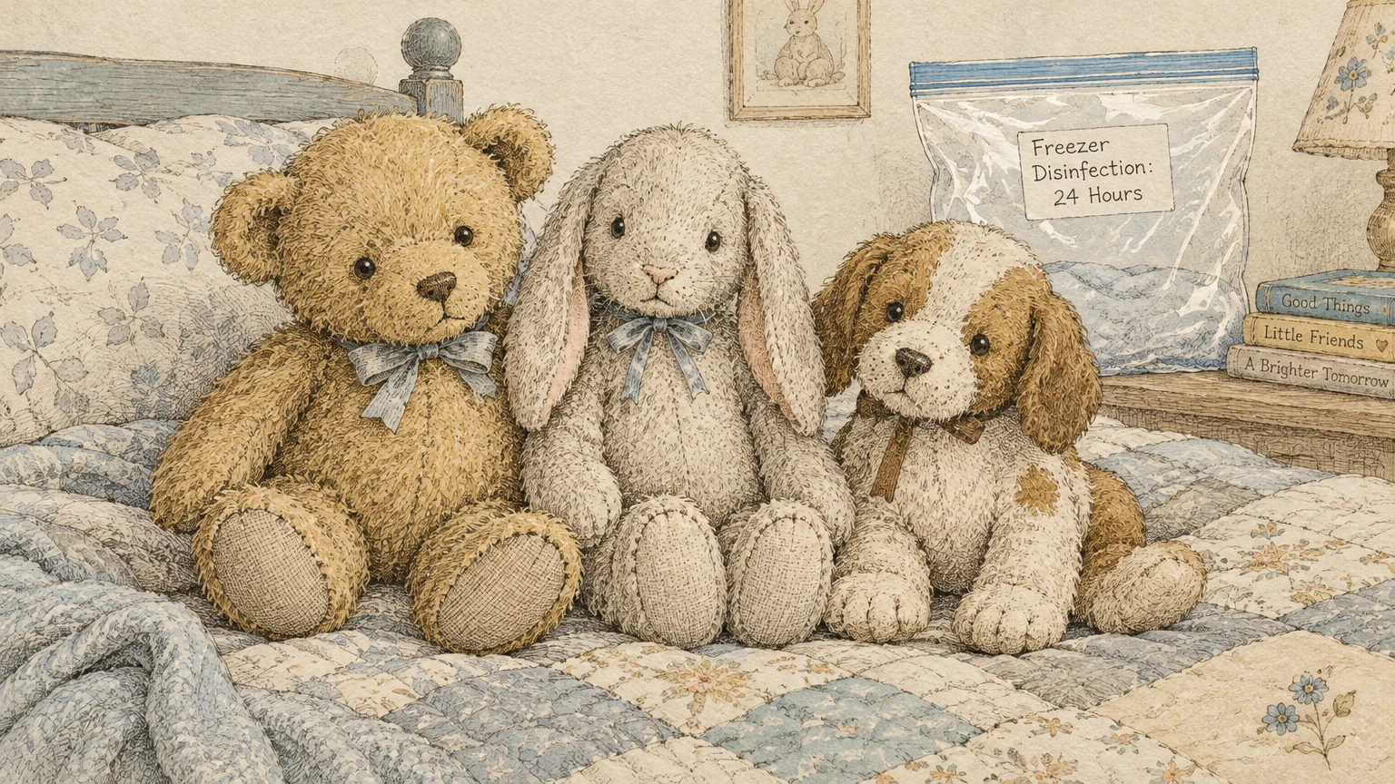 Stuffed bear, bunny, and puppy sitting on a quilt bed beside a plastic bag labeled Freezer Disinfection 24 Hours.