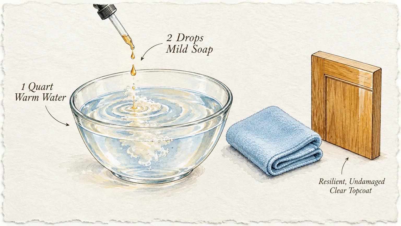 Watercolor of a dropper adding liquid soap into a water bowl beside a blue cloth and a wood cabinet door sample.