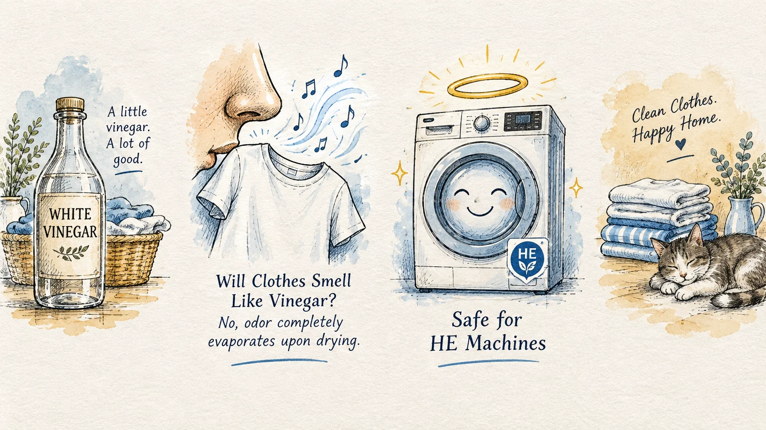 Four watercolor illustrations showing vinegar, someone smelling fresh laundry, a washing machine, and folded towels by a cat.