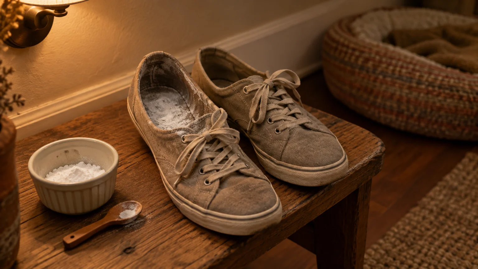 Canvas sneakers on a wooden bench beside a small bowl of white powder and a wooden spoon.