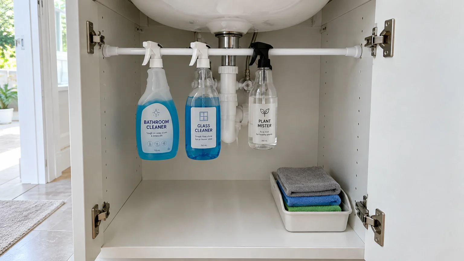 Three cleaning spray bottles hanging by their triggers from a white tension rod inside a white under-sink vanity cabinet.