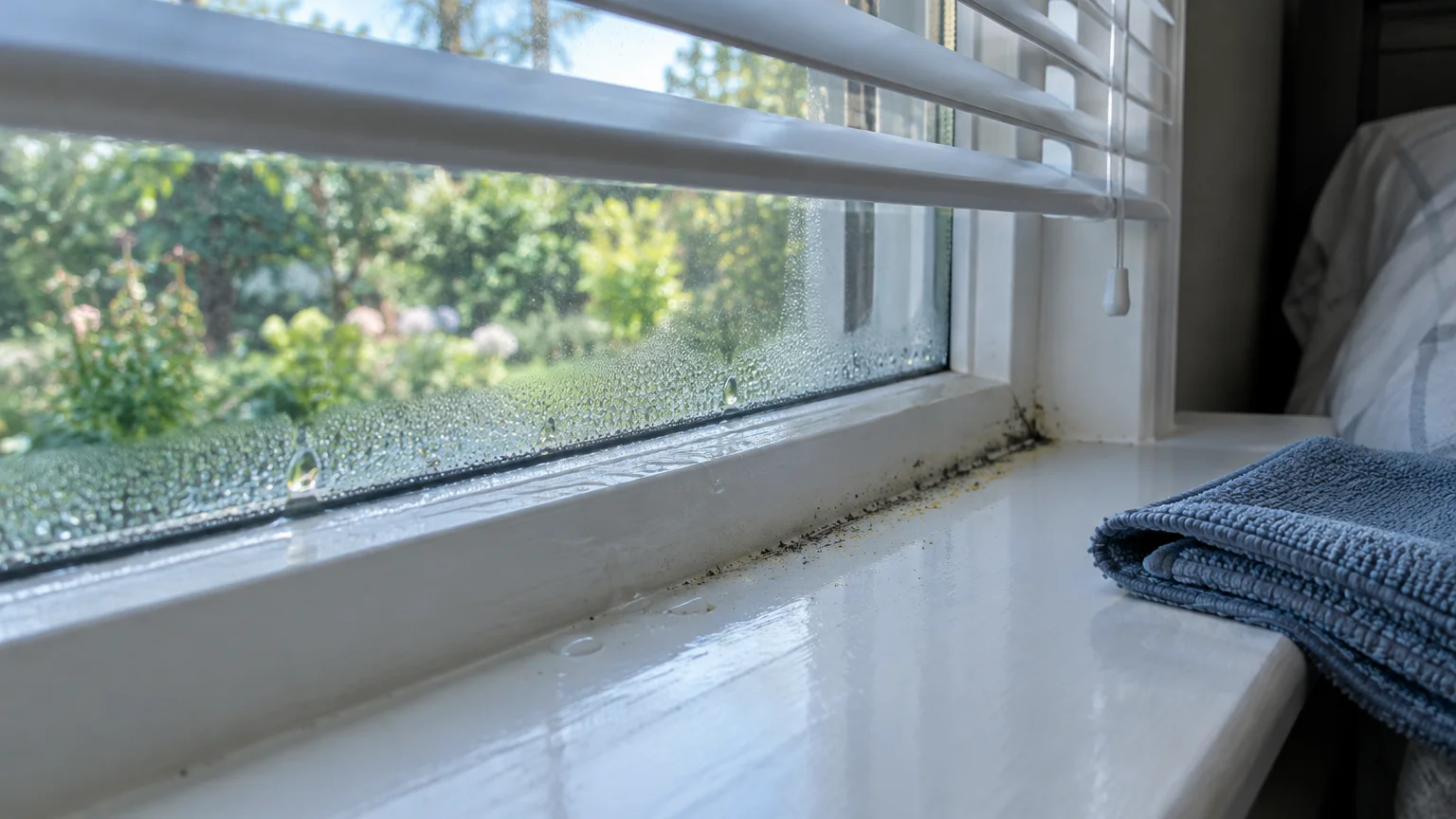 Window sill with water condensation droplets, dark mold along the sash, white horizontal blinds, and a folded blue cloth.