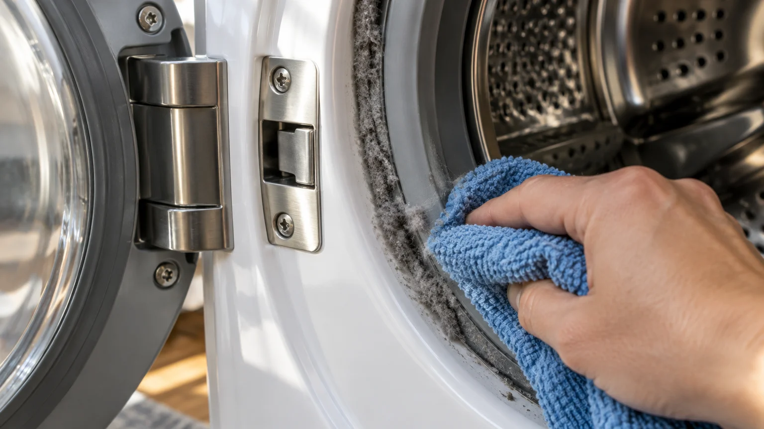 A person using a blue microfiber cloth to wipe thick lint buildup from the rubber door seal of a washing machine.
