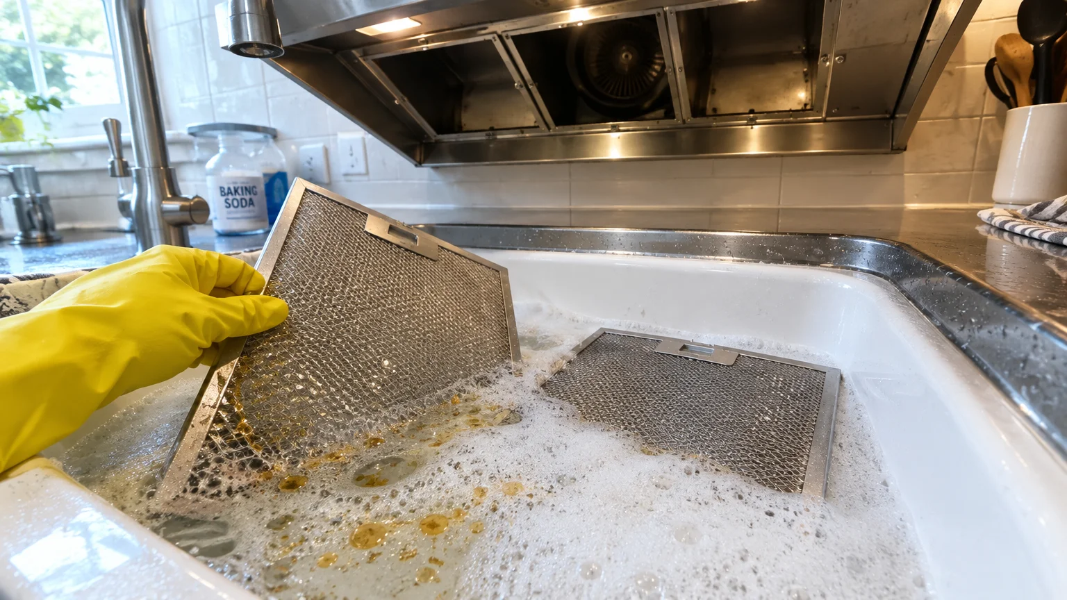A gloved hand places range hood mesh filters into a kitchen sink filled with soapy, bubbling water under an open vent hood.