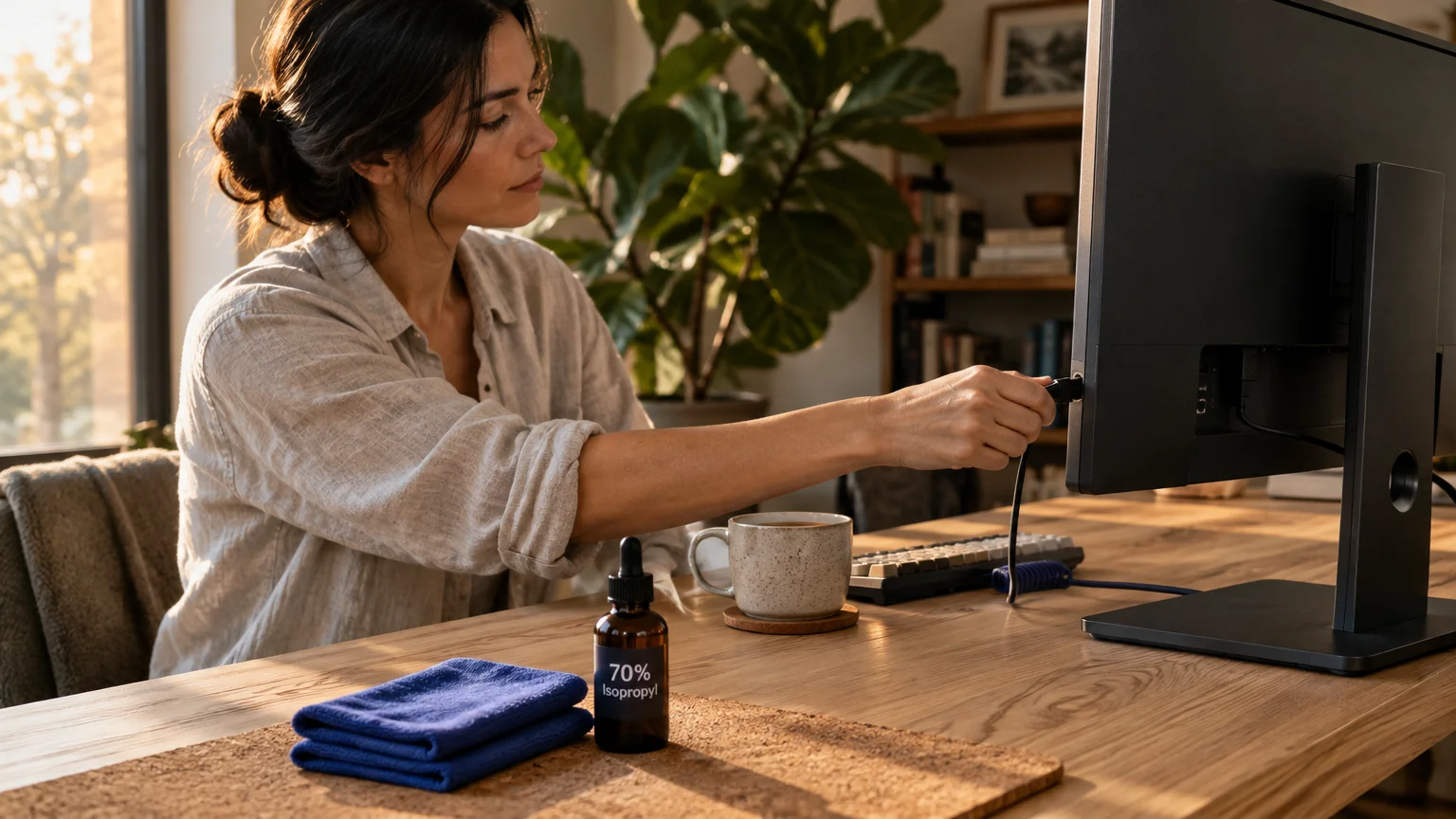 A woman unplugs a computer monitor at a desk with isopropyl alcohol and a blue microfiber cloth in the foreground.