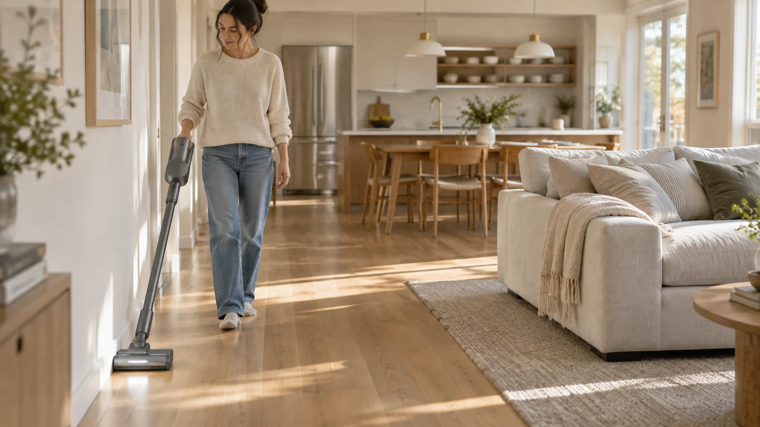 A woman vacuums hardwood floors along a wall in a bright, open-concept living and dining area.