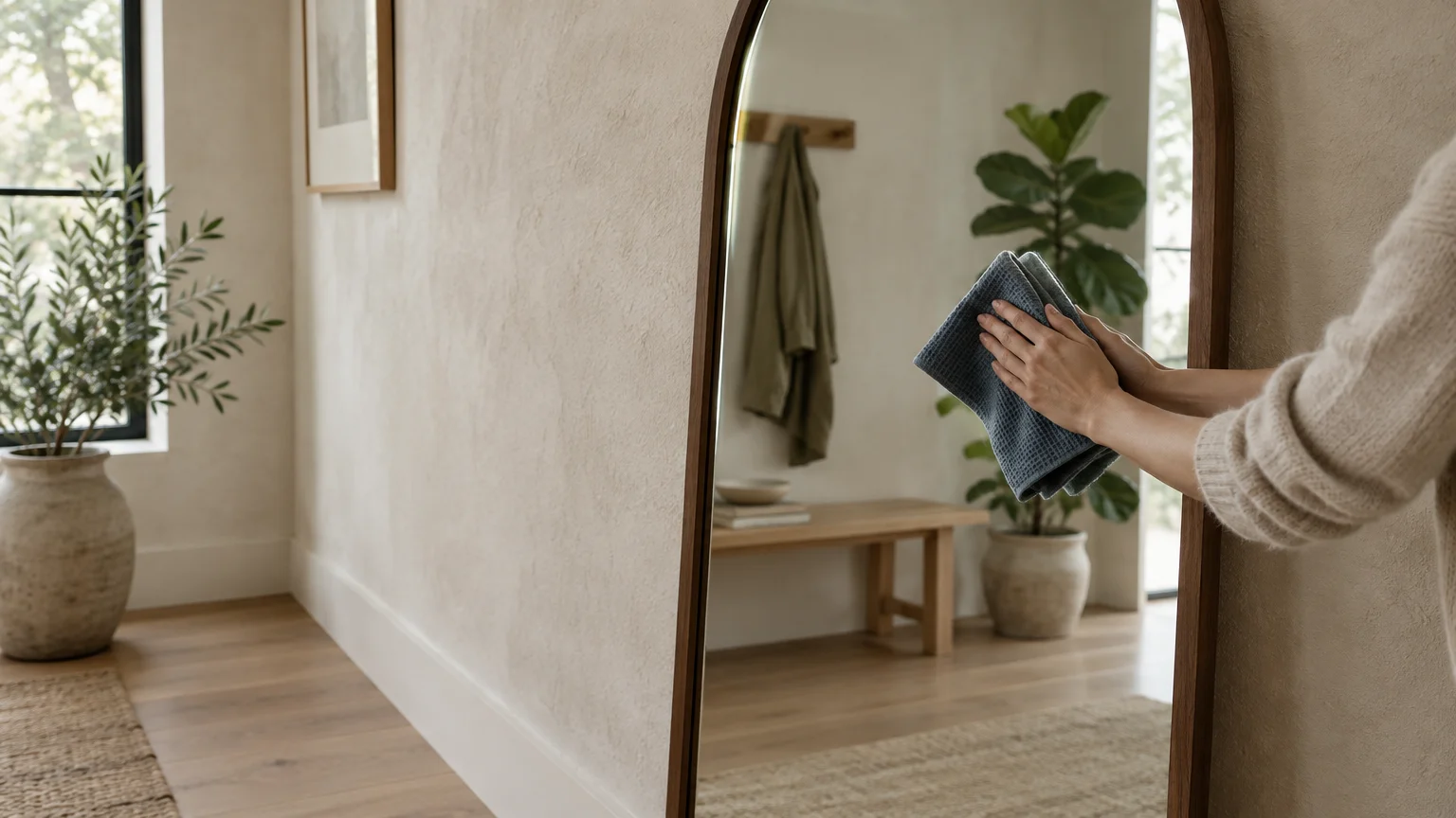 Person wiping an arched full-length floor mirror with a folded grey microfiber cloth in a minimalist room.