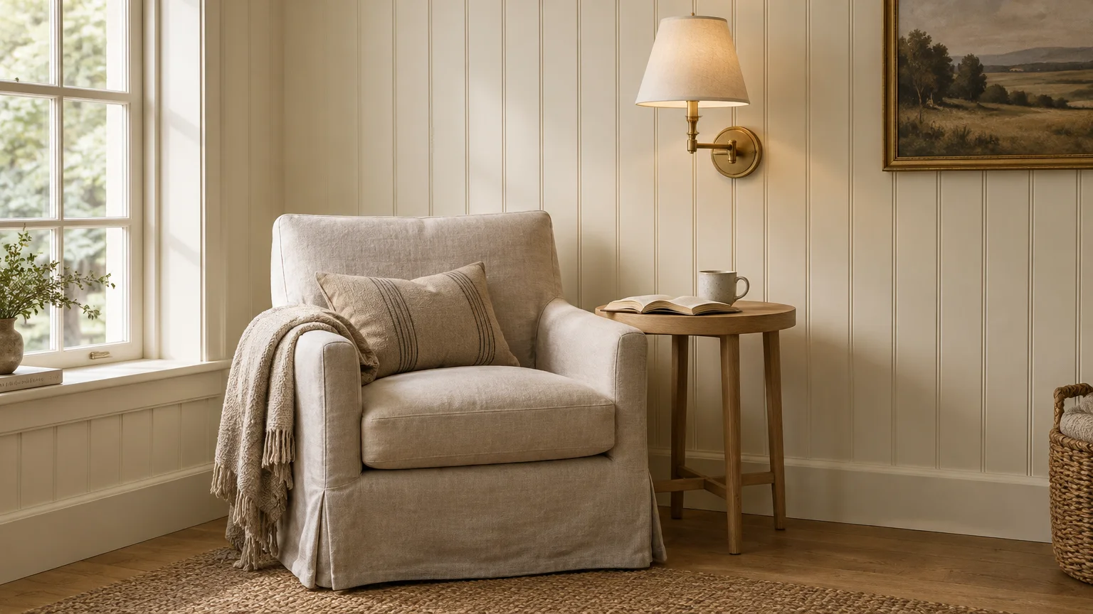 Linen armchair beside a wooden side table and brass wall sconce in a room with cream vertical paneled walls.